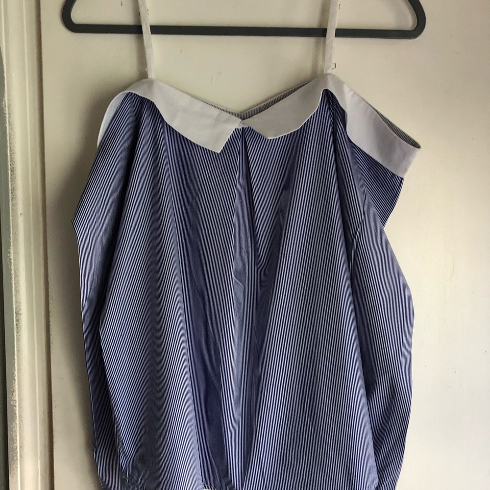Blue and white striped cold shoulder top